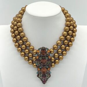 Heidi Daus Triple Strand Gold Pearl Statement Necklace Rhinestone Pendant WOW